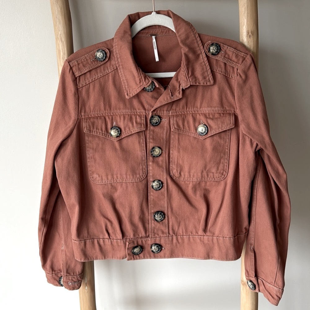 Free People Eisenhower Slouchy Boho Denim Button Up Fall Jacket Terracotta S - Picture 10 of 12